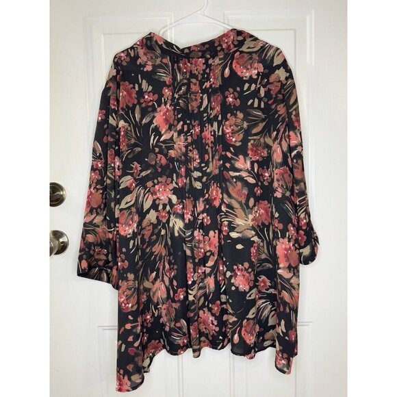 CATHERINES Blouse Top Black Red Floral Button Up 3/4 Sleeve Vneck Sz 3X Petite - Picture 2 of 7